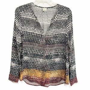Ecru | Painted Houndstooth Silk Blouse Button Front Size Small